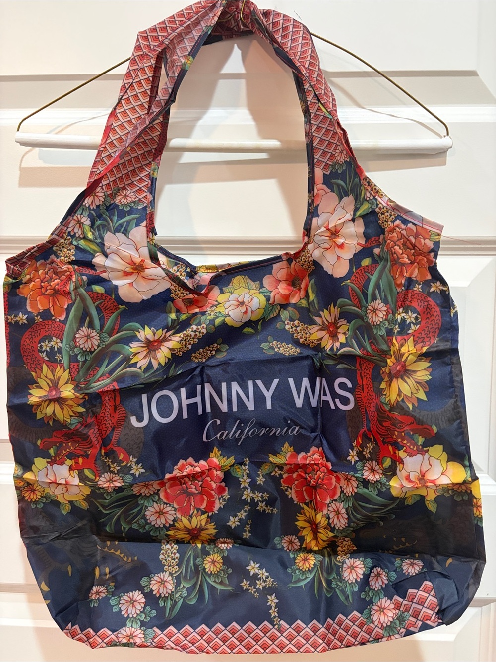 Johnny Was Navy Floral Tote Bag with Yellow and Red Sunflower Design